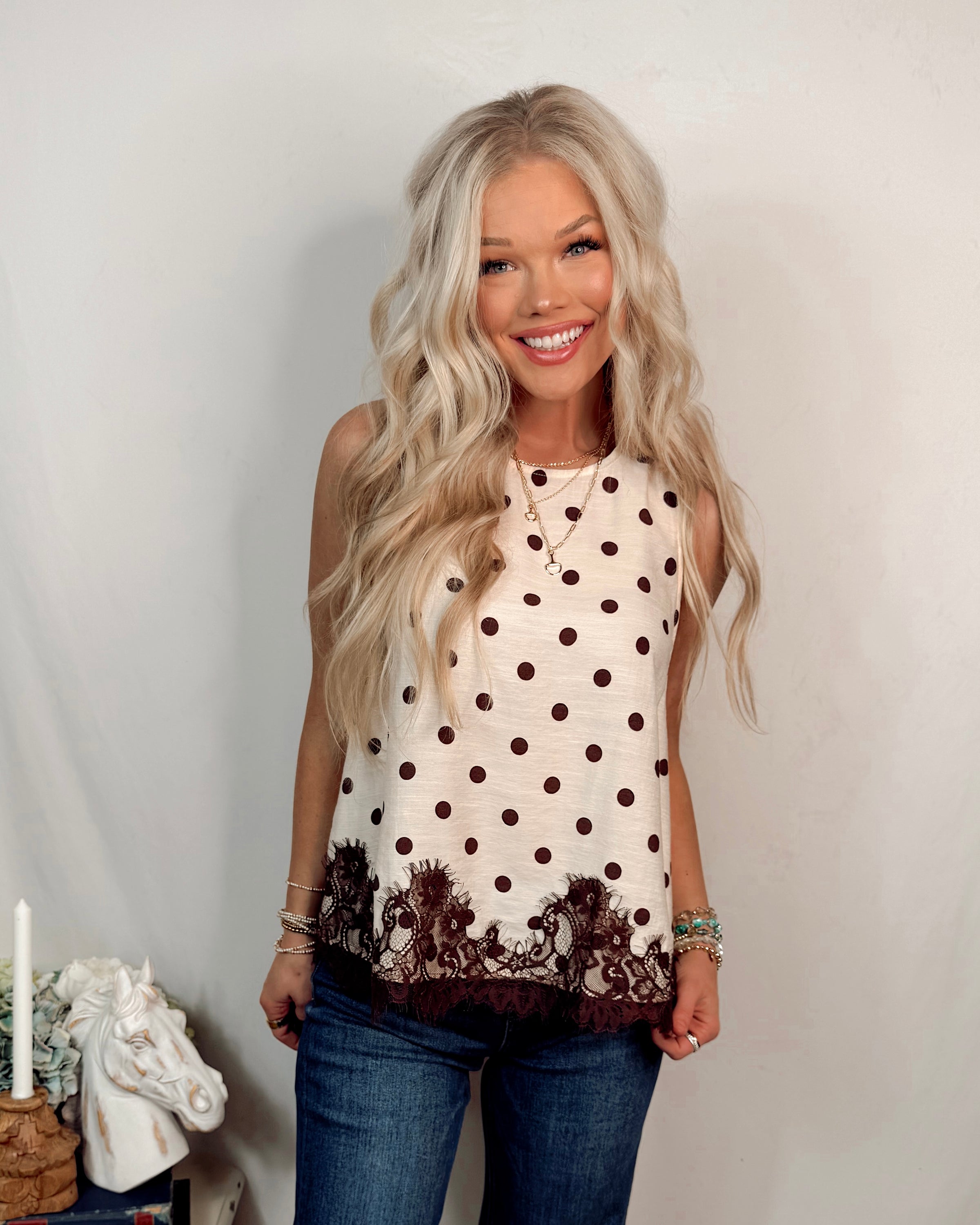 Elegant in Espresso Lace Trim Polka Dot Printed Blouse
