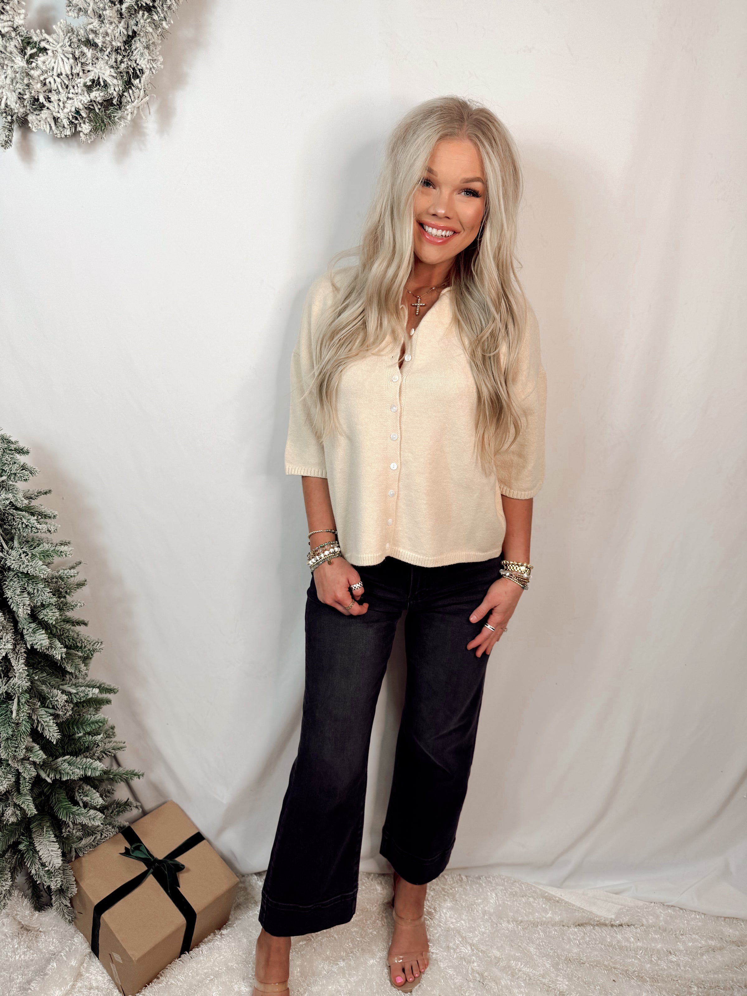 Casual Button Down Knit Short Sleeve Cardigan - Sand