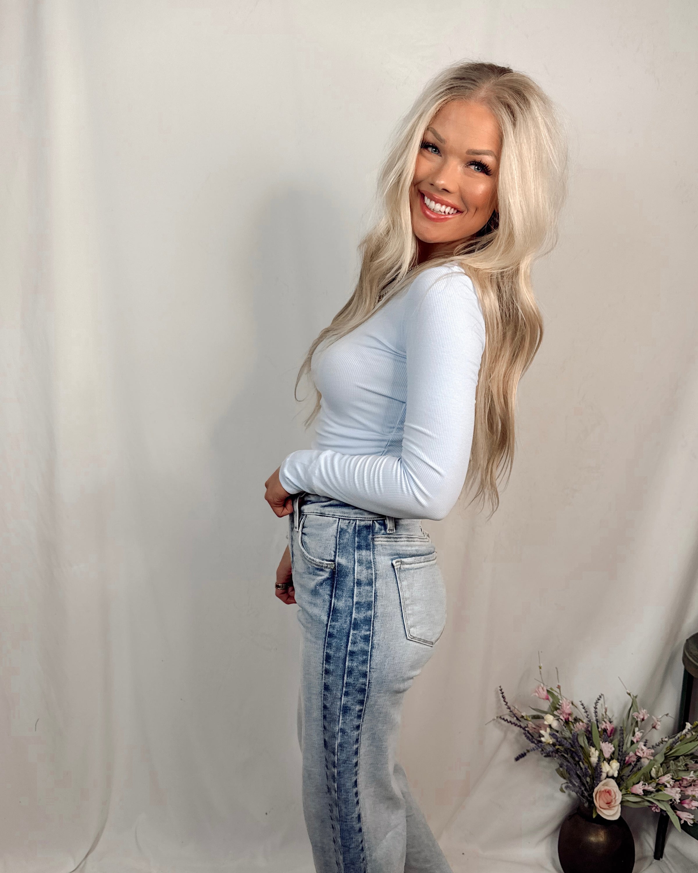 On Repeat Ribbed Long Sleeve Basic Top - Halogen Blue