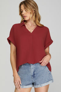 Season To Season Staple Collared Blouse - Red Brick