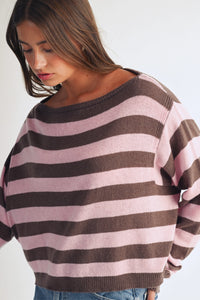 Luxe Chocolate Blush Striped Boat Neck Knit Sweater Blouse