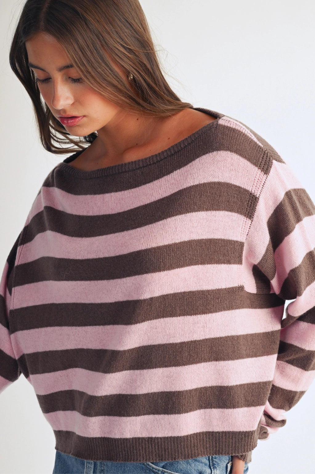 Luxe Chocolate Blush Striped Boat Neck Knit Sweater Blouse