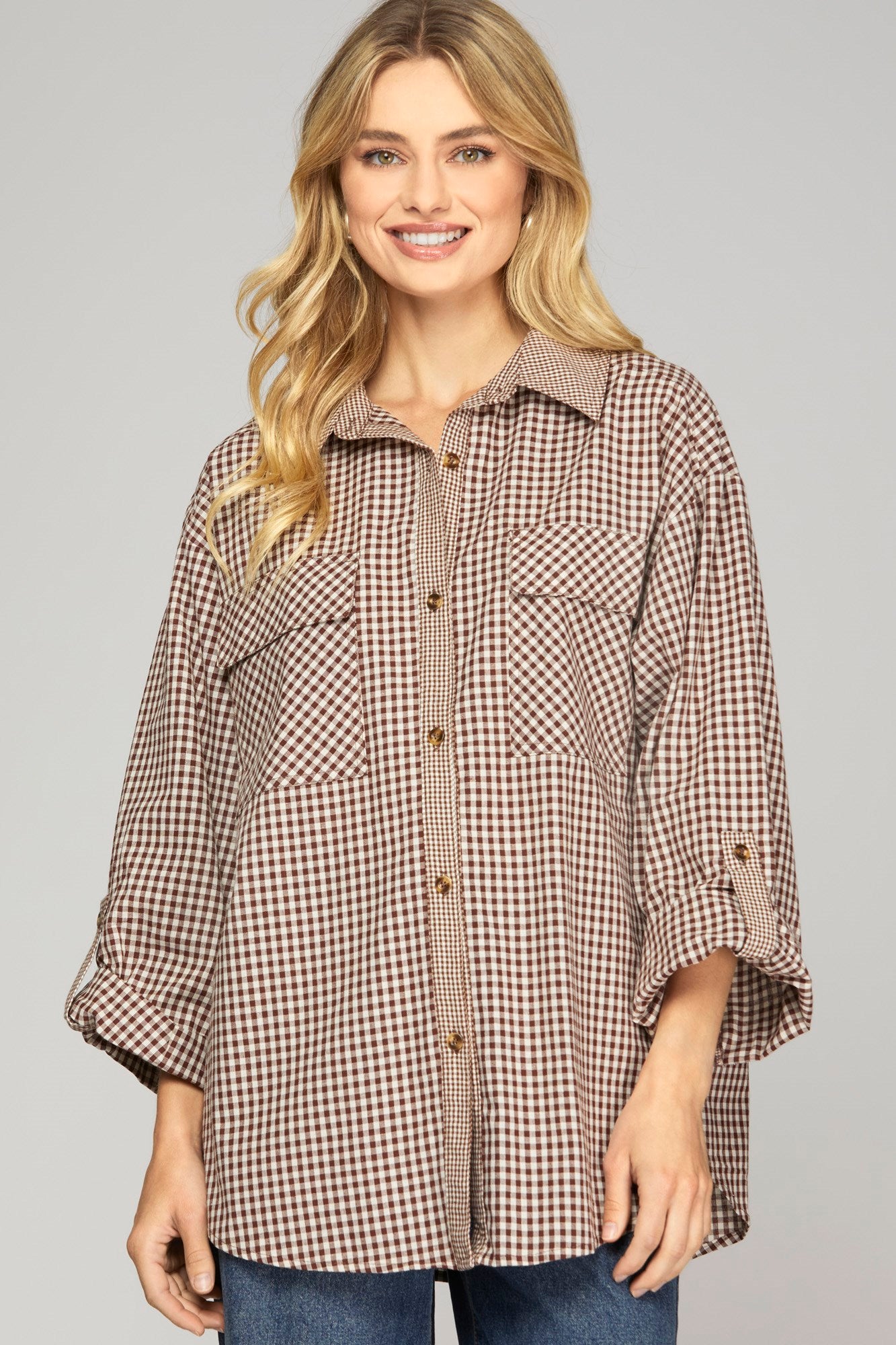 Rebecca Woven Plaid Rolled Sleeve Button Up Blouse