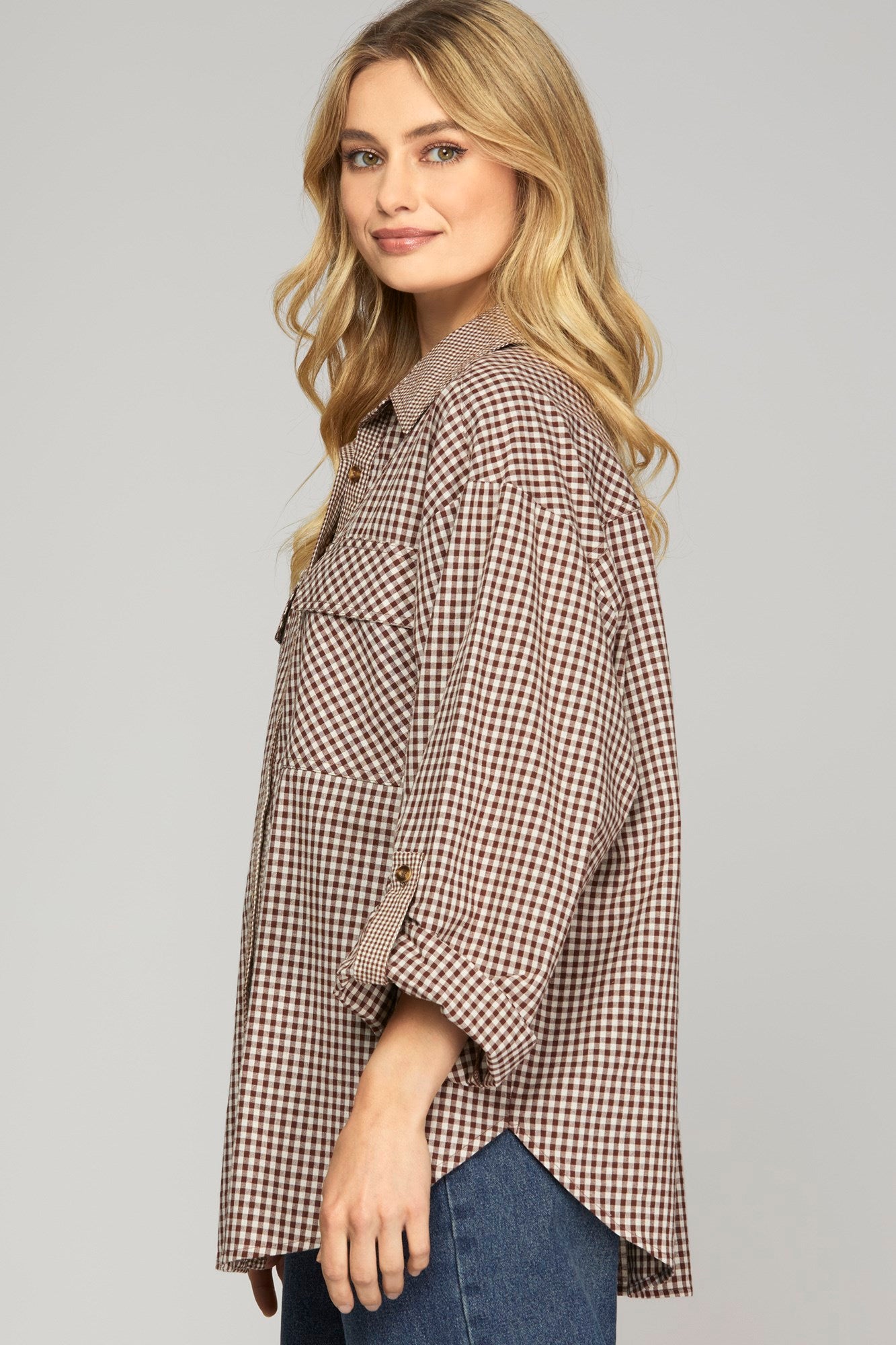 Rebecca Woven Plaid Rolled Sleeve Button Up Blouse