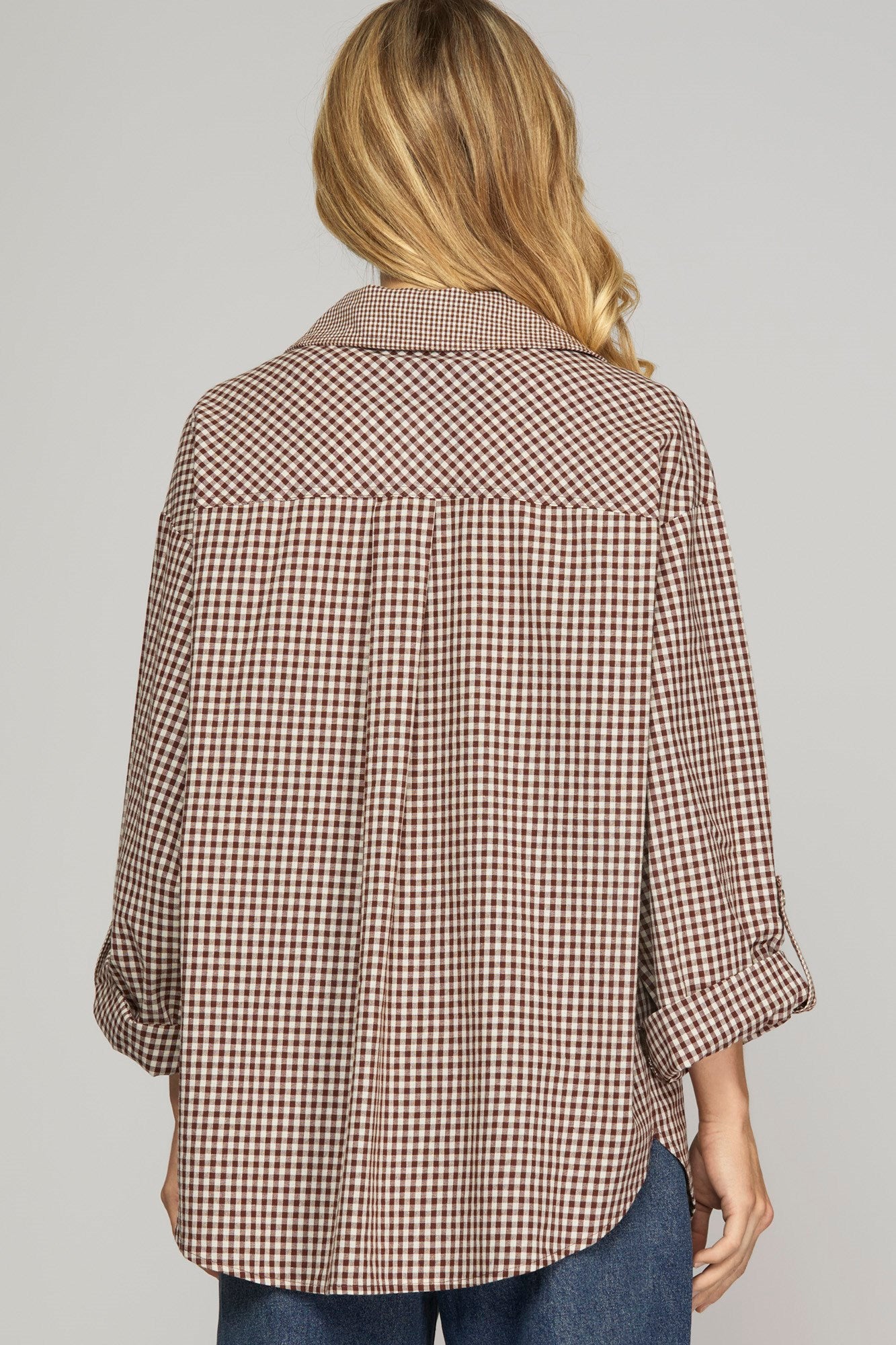 Rebecca Woven Plaid Rolled Sleeve Button Up Blouse