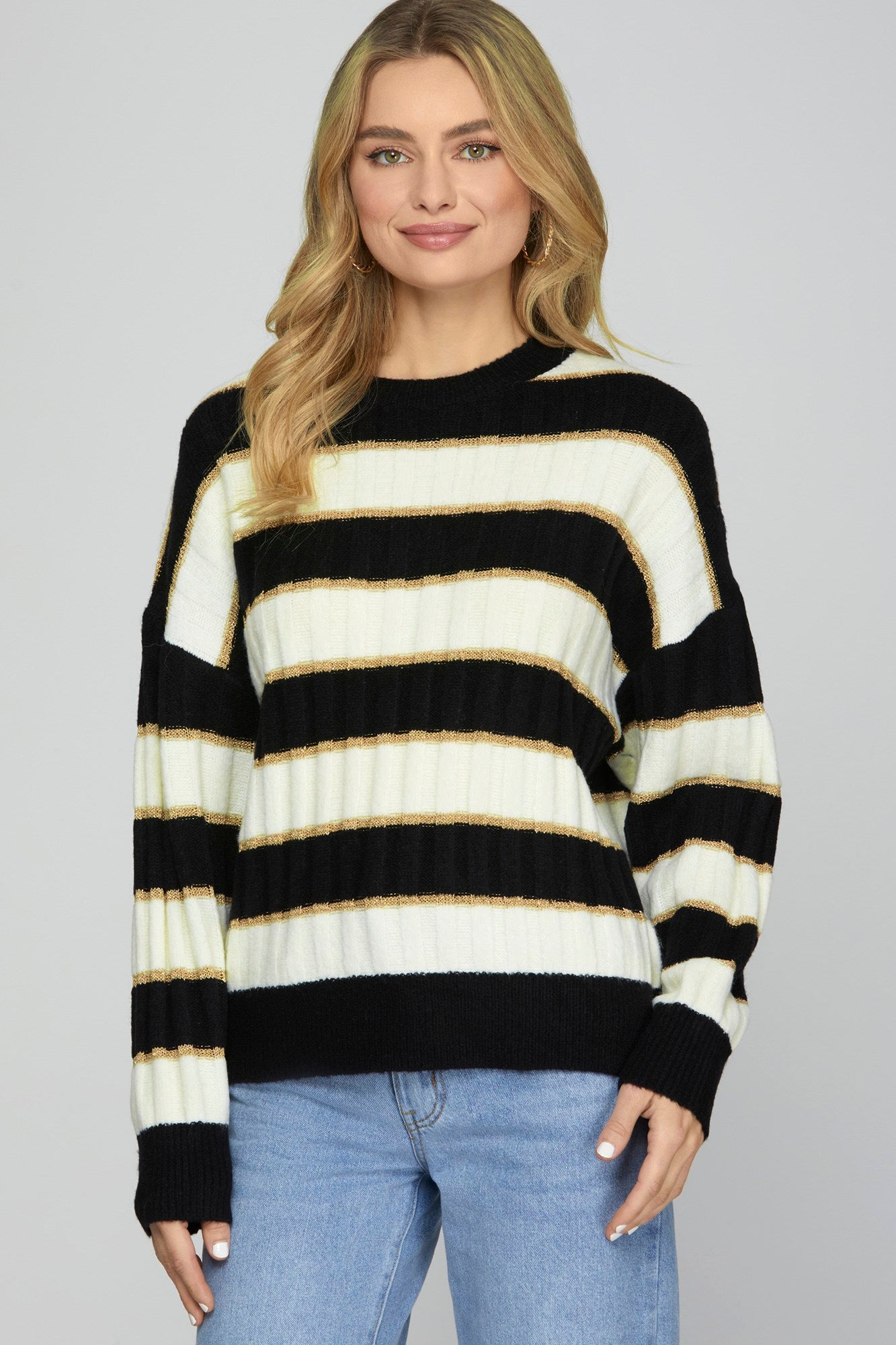Stardust Stripes Knit Sweater With Sparkling Gold Detail
