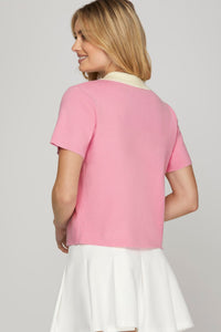 Country Club Cutie Polo Knit Top w/ Gold Buttons - Pink