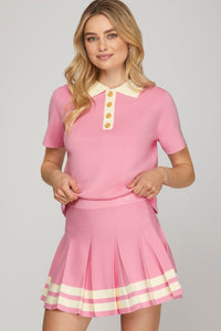 Country Club Cutie Polo Knit Top w/ Gold Buttons - Pink