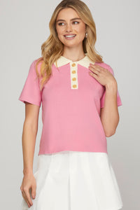 Country Club Cutie Polo Knit Top w/ Gold Buttons - Pink