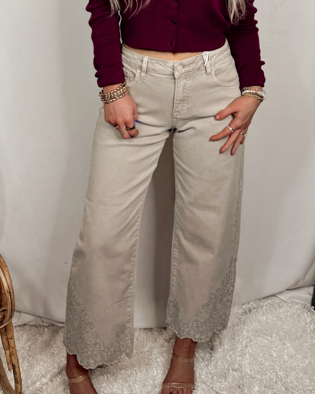 Lady May Lace Embroidered Hem Crop Jeans