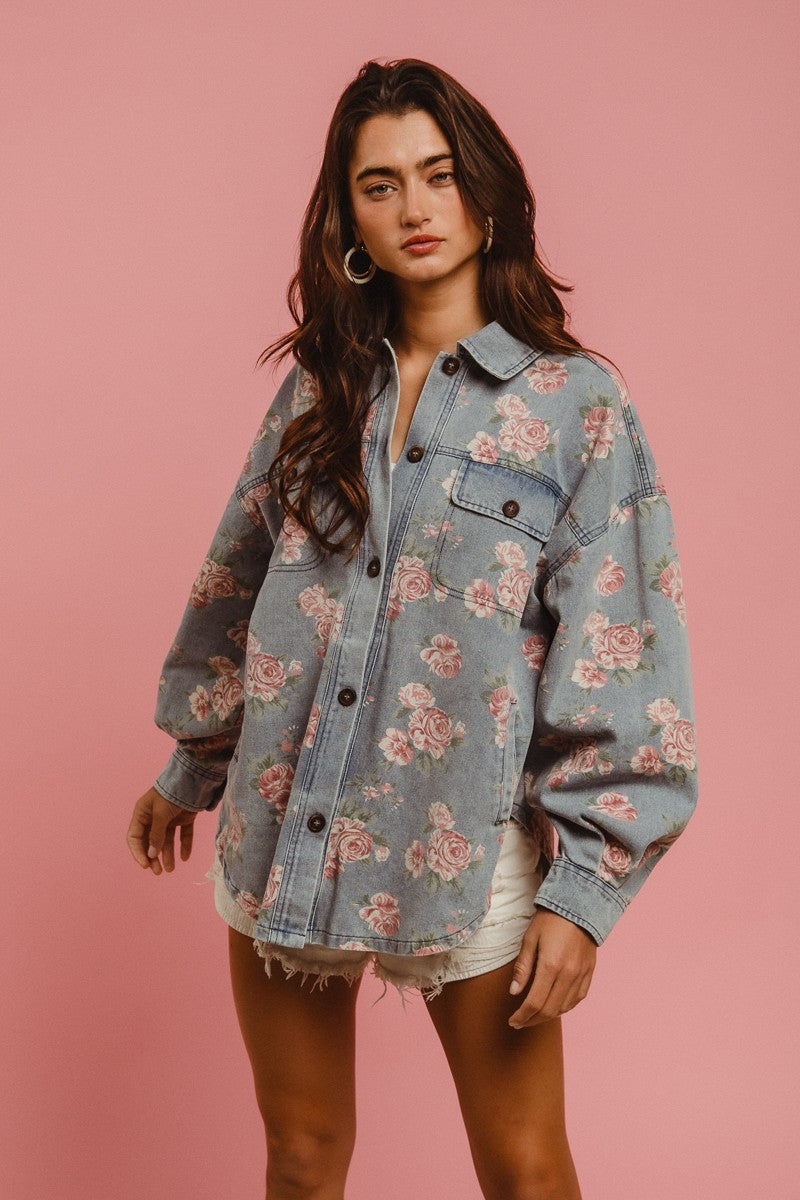 Vintage Vines Floral Print Denim Shacket