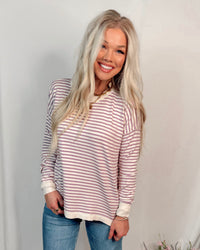 Lavender Latte Crew Neck Striped Knit Sweater