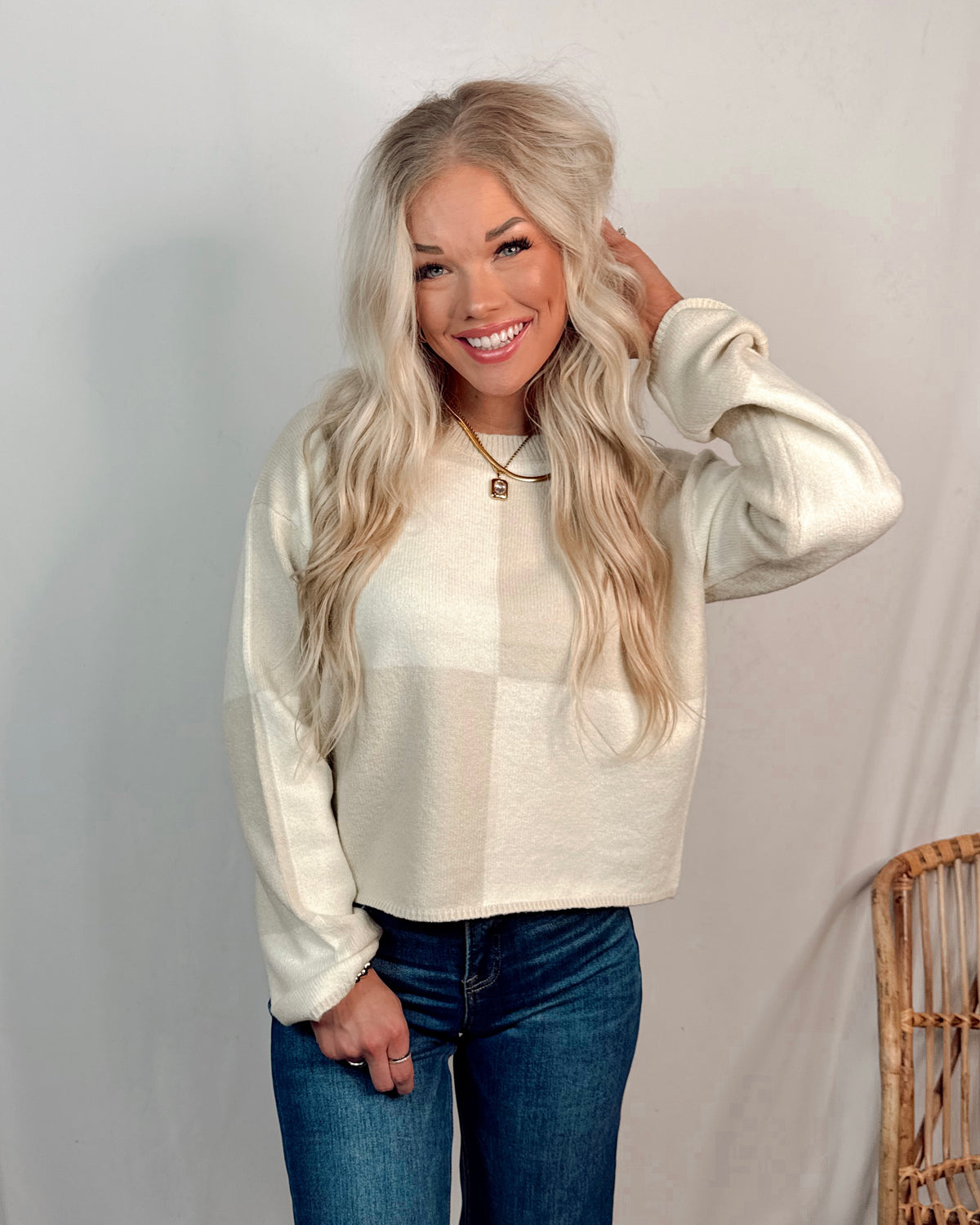 Cashmere Dreams Checkered Knit Sweater - Beige