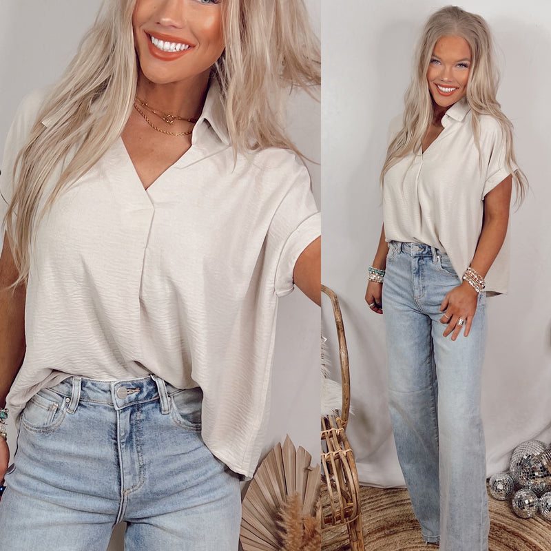 Season To Season Staple Collared Blouse - Taupe