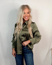 Closet Staple Crinkle Satin Long Sleeve Button Up Blouse - Olive Green
