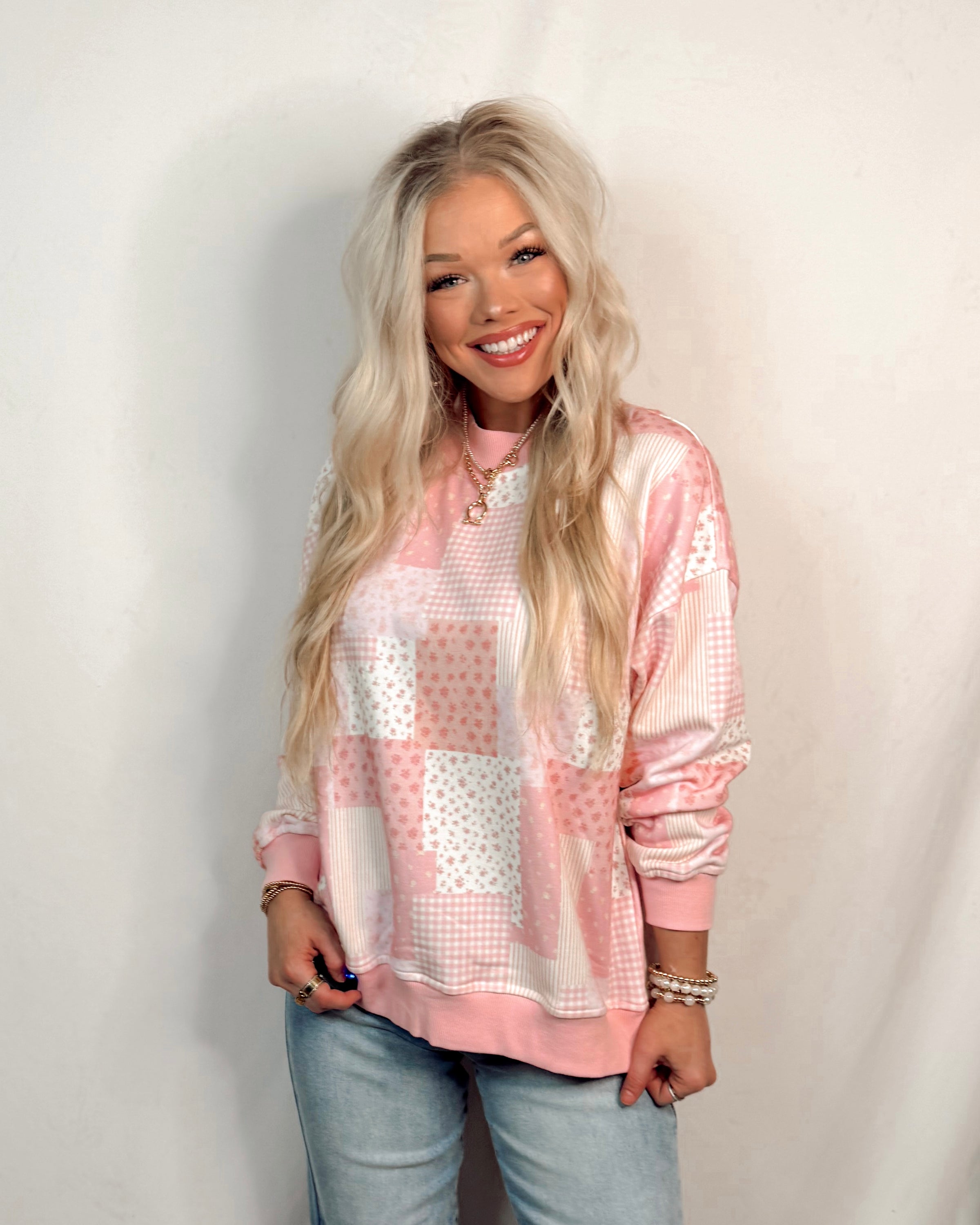 Preppy In Patchwork Printed Mock Neck Sweatshirt