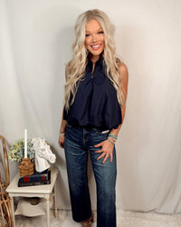 Seaside Social Sleeveless Bubble Hem Top - Navy