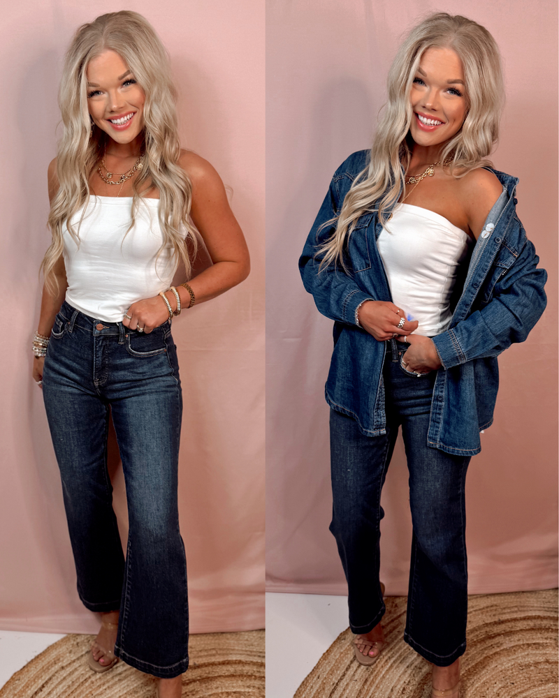 Downtown Dark Wash Tummy Control High Rise Wide Leg Jeans