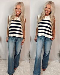 On the Marina Striped Kit Top w/ Gold Buttons - Navy