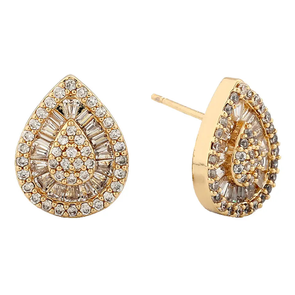 14K Dipped Teardrop Cubic Zirconia Encrusted Post Earrings - Gold
