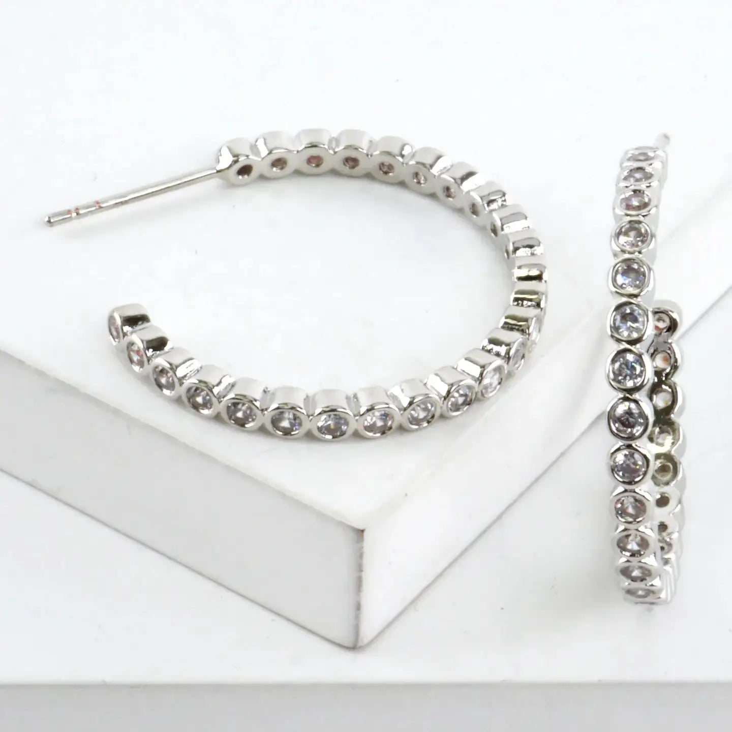 Round Silver Pave Cubic Zirconia Hoop Earrings