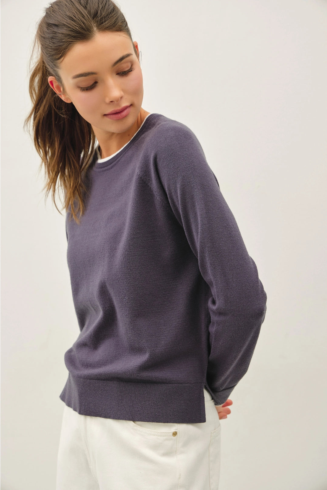 Layered Look Knit Sweater Top - Slate
