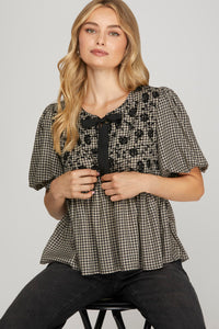 Charmed in Check Velvet Embroidered Gingham Top - Black
