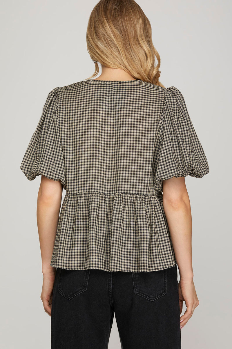 Charmed in Check Velvet Embroidered Gingham Top - Black