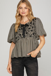 Charmed in Check Velvet Embroidered Gingham Top - Black