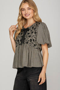 Charmed in Check Velvet Embroidered Gingham Top - Black