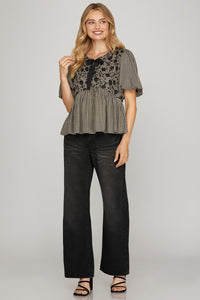 Charmed in Check Velvet Embroidered Gingham Top - Black