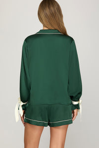 Ribbon & Rest Satin Sleep Shorts + Top Pajamas SET