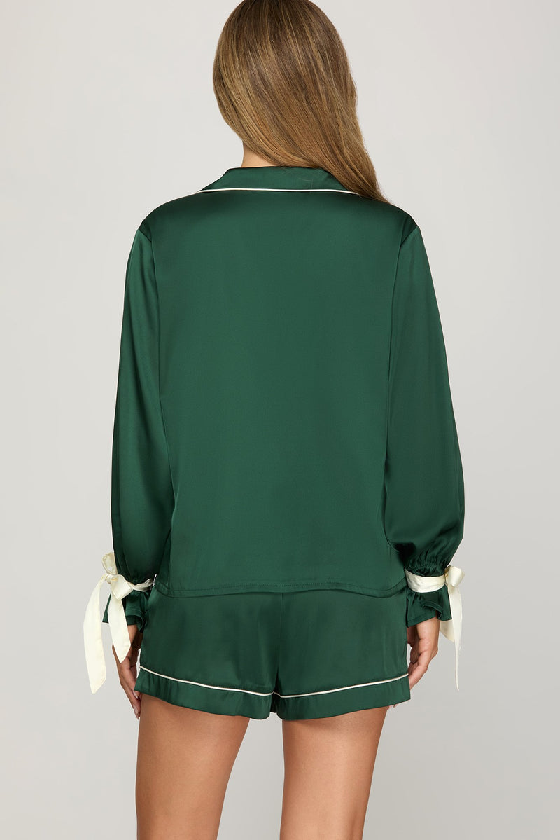 Ribbon & Rest Satin Sleep Shorts + Top Pajamas SET