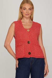 Buttoned Bliss Knit Sweater Vest - Red