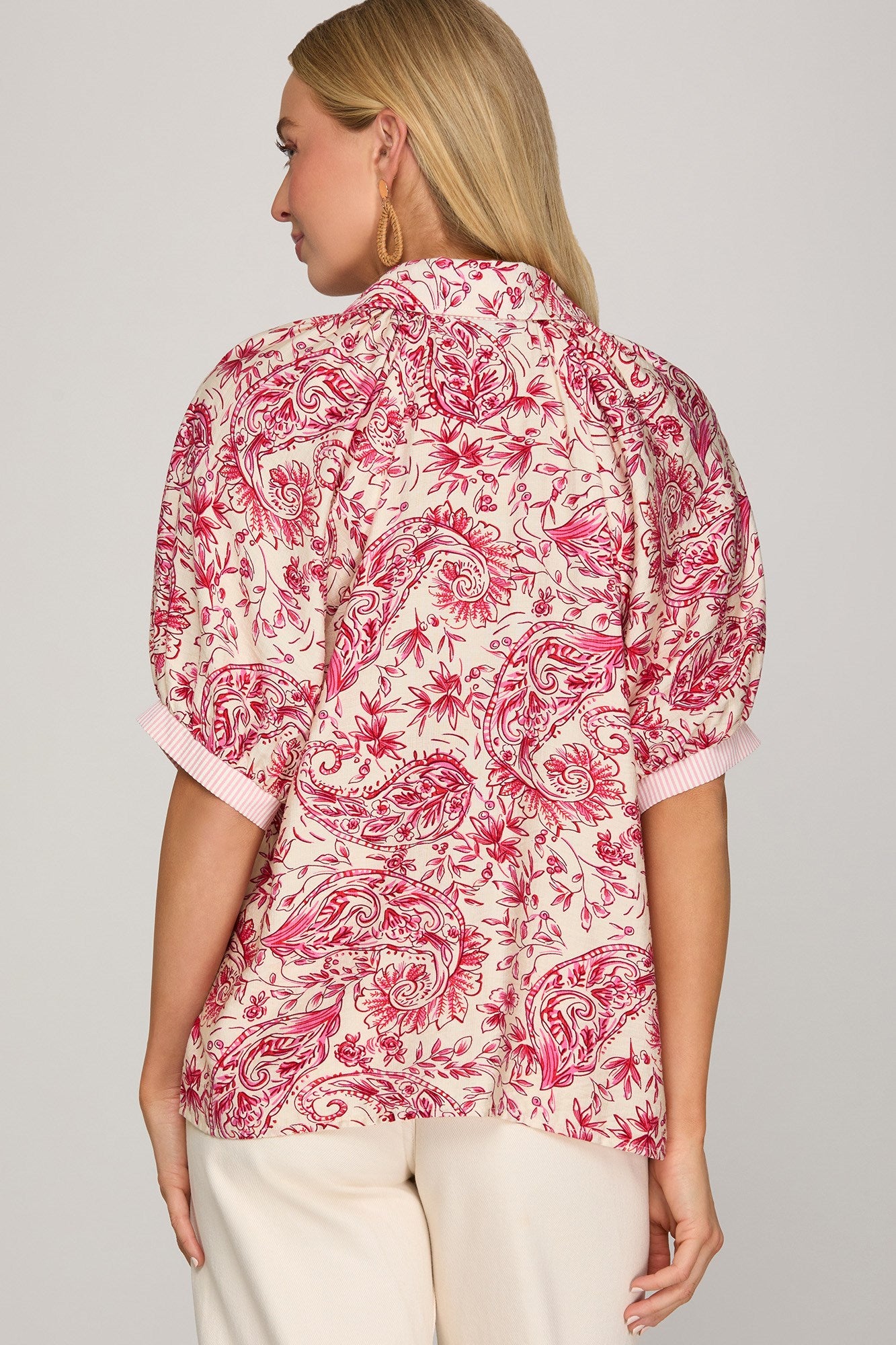 Petals & Paisley in Paradise Printed Button Up Blouse in Fuchsia