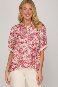 Petals & Paisley in Paradise Printed Button Up Blouse in Fuchsia