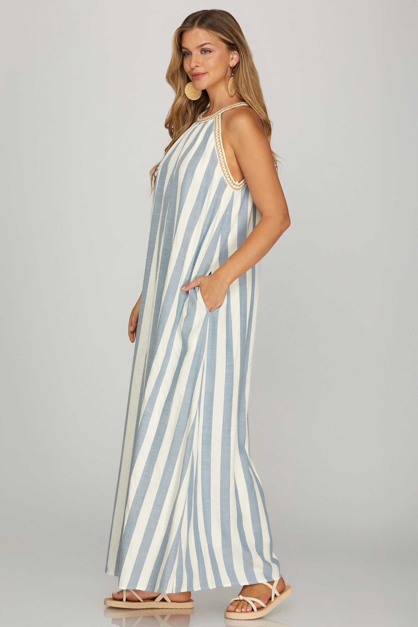 Barefoot Stripe Halter Neck Dress - Blue