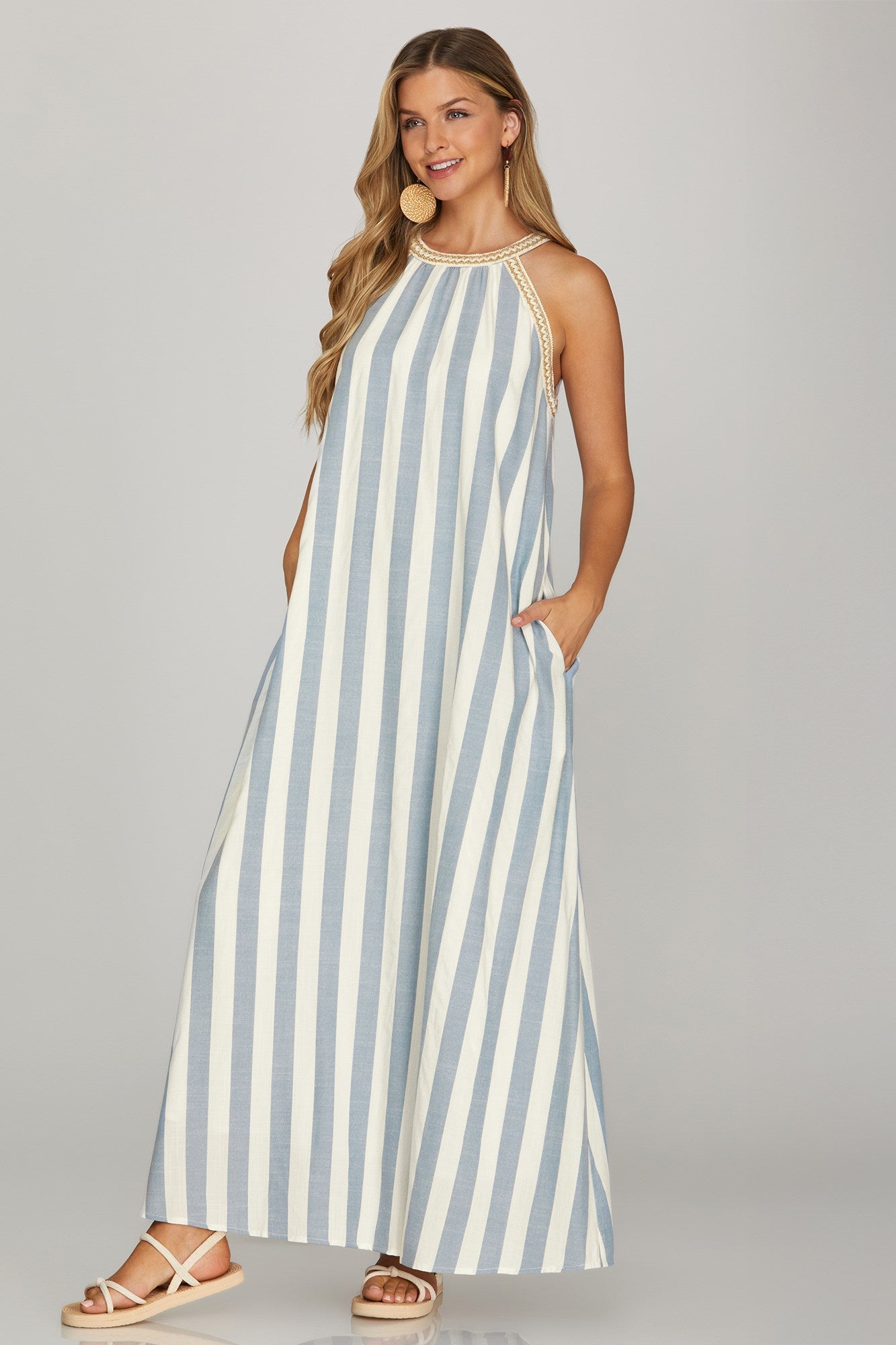 Barefoot Stripe Halter Neck Dress - Blue