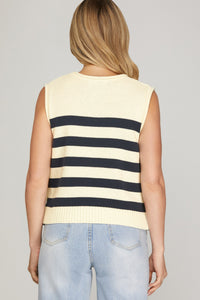 On the Marina Striped Kit Top w/ Gold Buttons - Navy