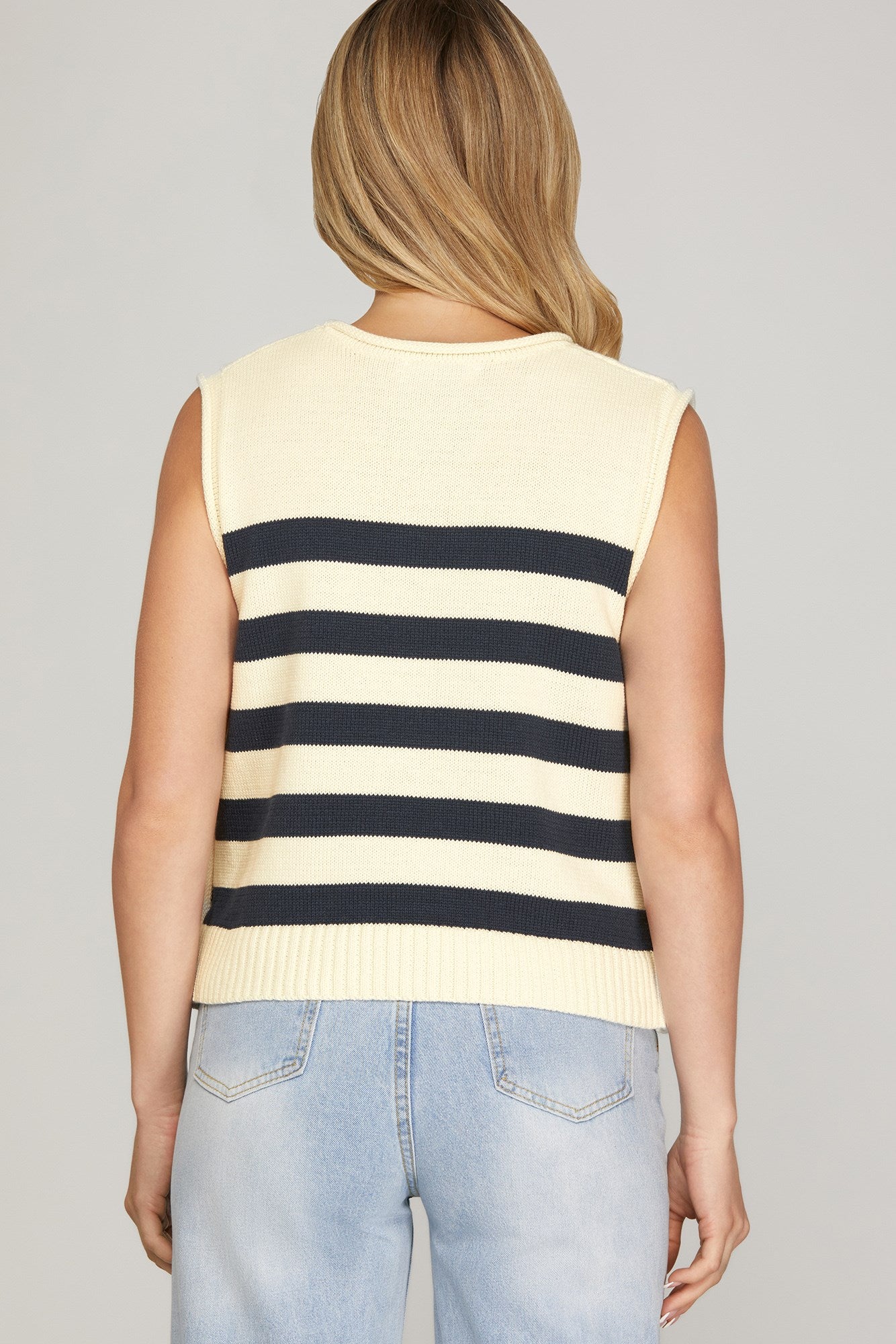 On the Marina Striped Kit Top w/ Gold Buttons - Navy