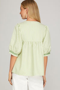 Fields of Green Floral Embroidered Striped Blouse - Sage