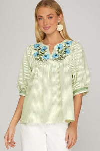 Fields of Green Floral Embroidered Striped Blouse - Sage