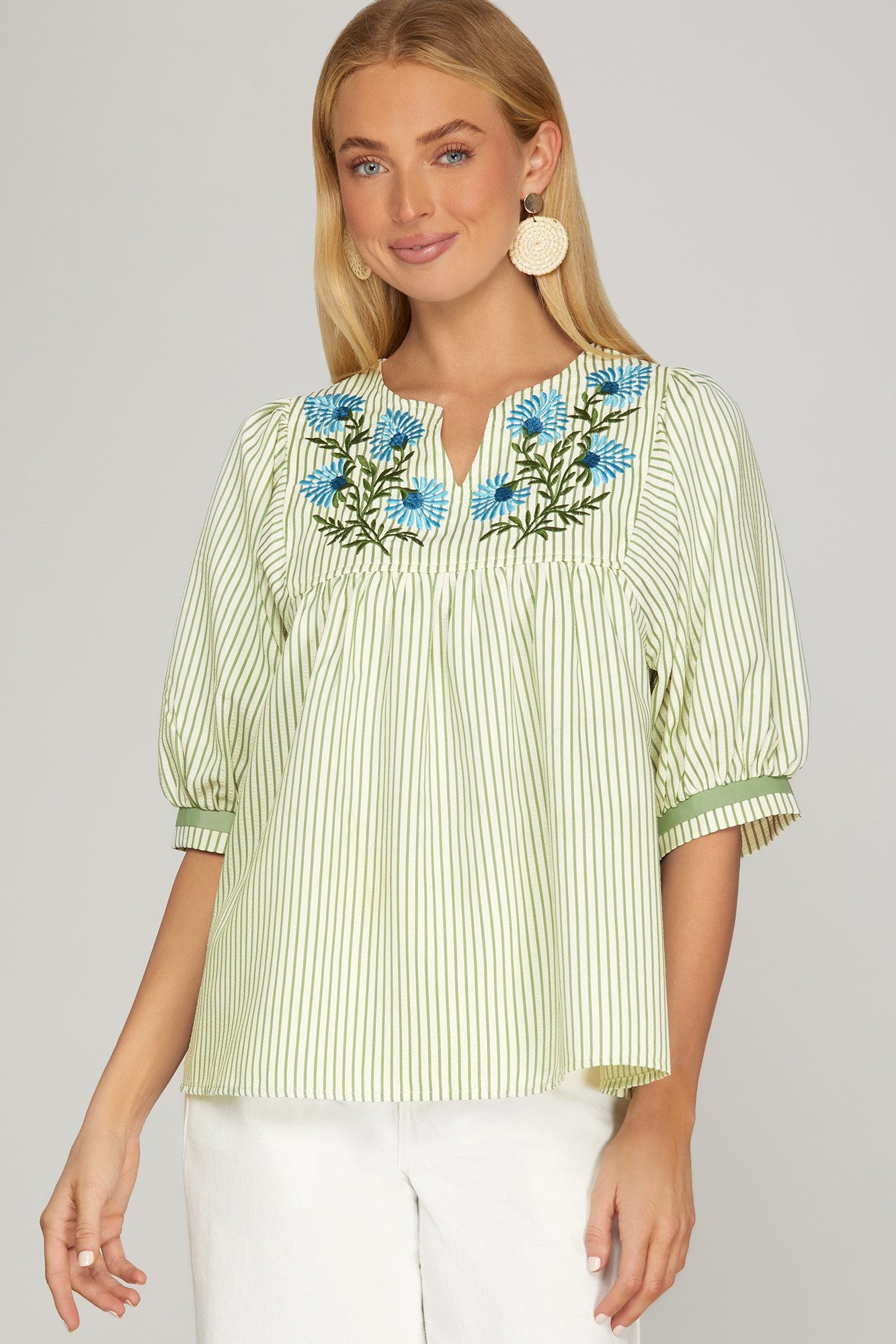 Fields of Green Floral Embroidered Striped Blouse - Sage