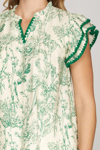 Scenery of Greenery Printed Embroidered Stich Detail Blouse in Green