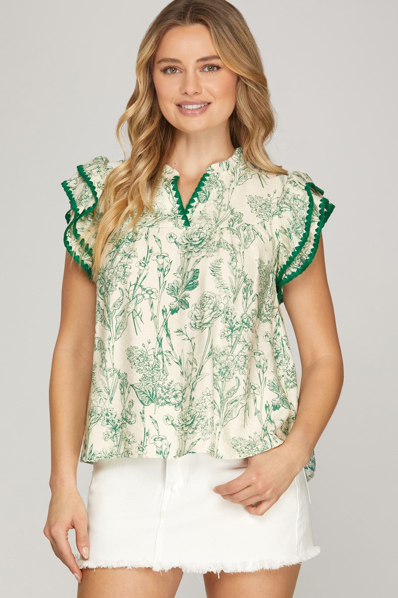 Scenery of Greenery Printed Embroidered Stich Detail Blouse in Green