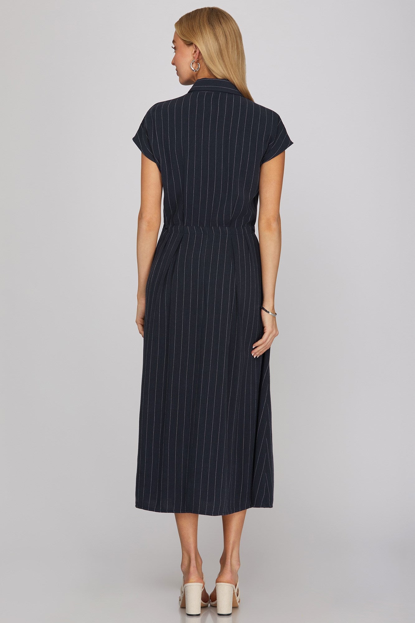 Coastal Chic Collared Striped Button Up Dress in Navy