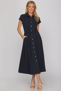 Coastal Chic Collared Striped Button Up Dress in Navy