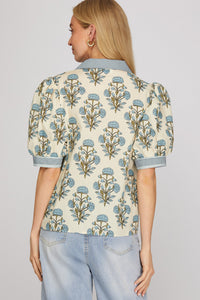 Magnolia Market Floral Collared Puff Sleeve Blouse - Light Blue