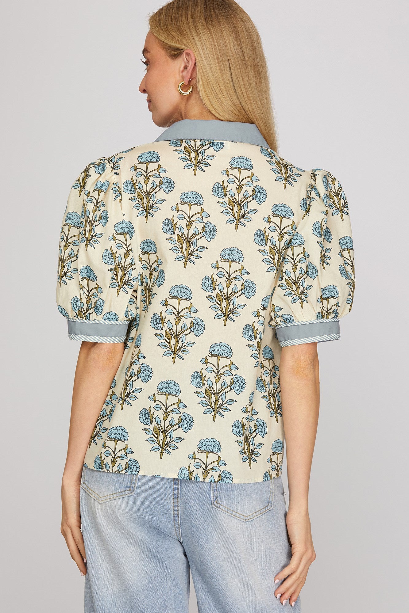 Magnolia Market Floral Collared Puff Sleeve Blouse - Light Blue