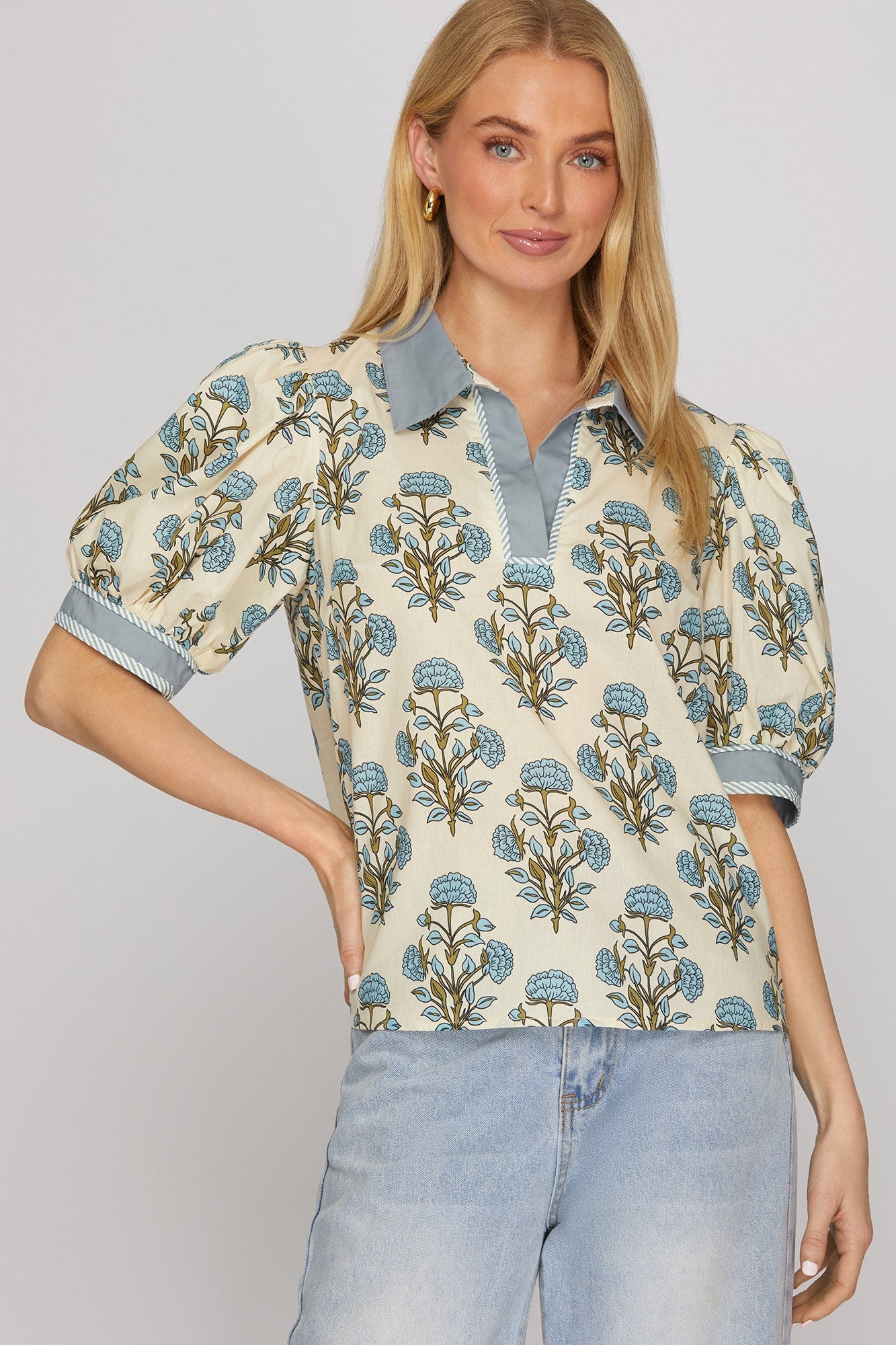 Magnolia Market Floral Collared Puff Sleeve Blouse - Light Blue